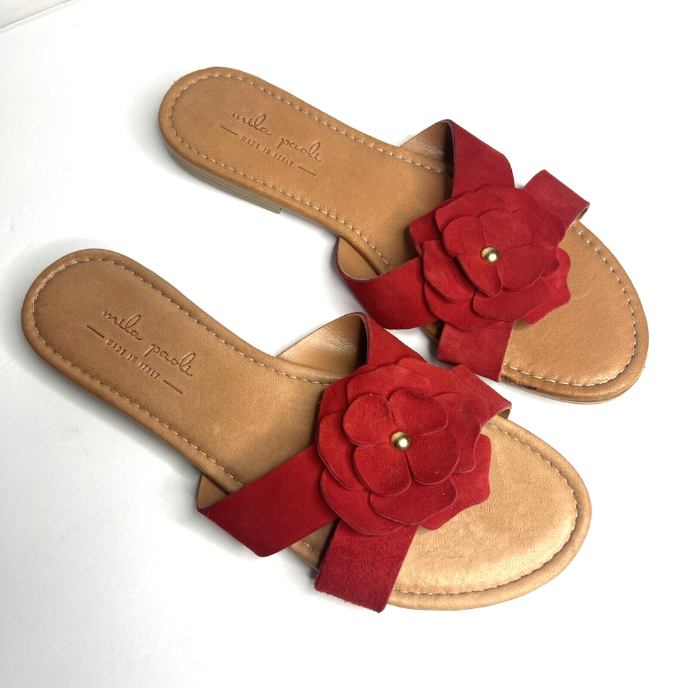 Mila Paoli Women's Size 9M Suede Red Flower Slide Sandals Made In Italy